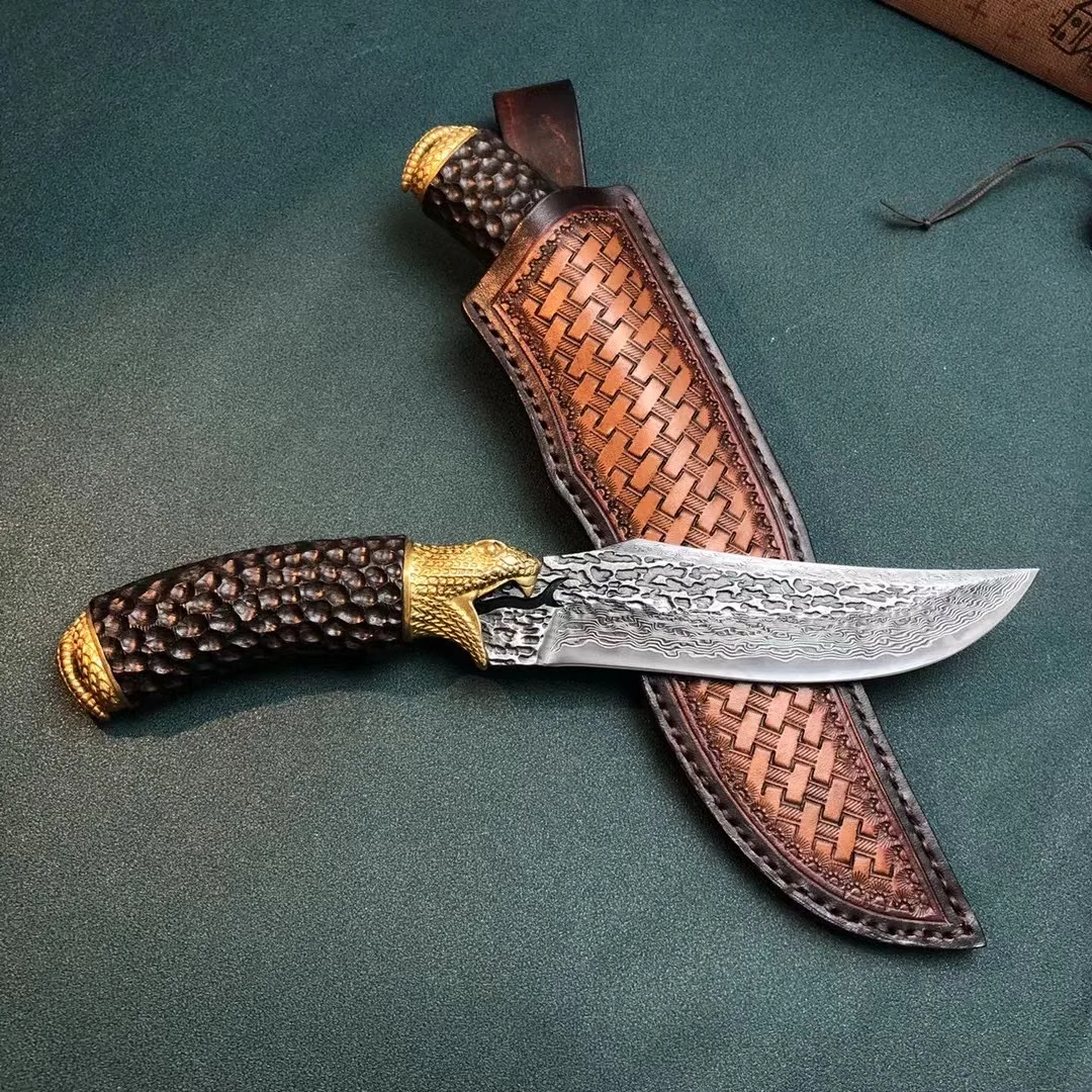 Нож из дамасской стали с фиксированным лезвием рукоятка черного дерева и для