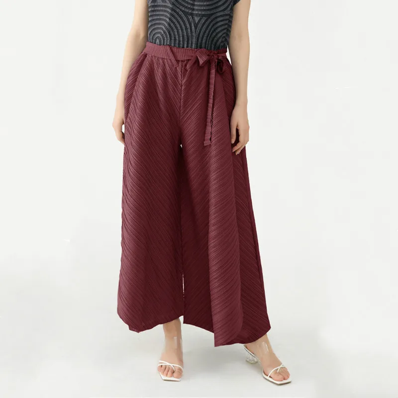 Women's Trousers 2022 Spring Vintage Design Solid Color Loose Stretchable Miyake Pleated Wide Leg Pants For Female 45-75kg