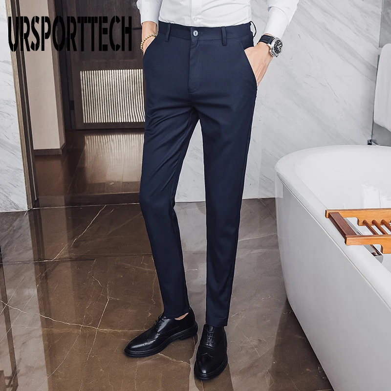 Мужские костюмные брюки мужские высококачественные однотонные облегающие