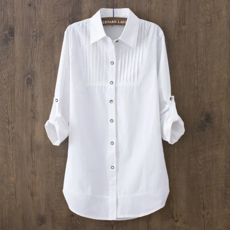 

White Blouse Long-sleeved Slim Cotton Casual Work White Shirts Office Lady Button Tops Cotton Spring Summer Women