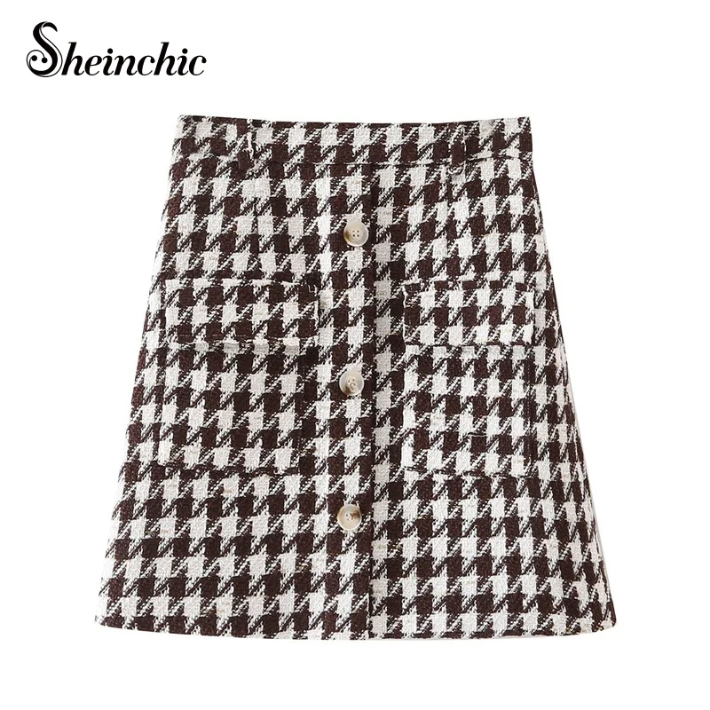 

Осень-зима 2021, модная шерстяная мини-юбка Sheinchic, Женская винтажная клетчатая юбка-карандаш с высокой талией, женская