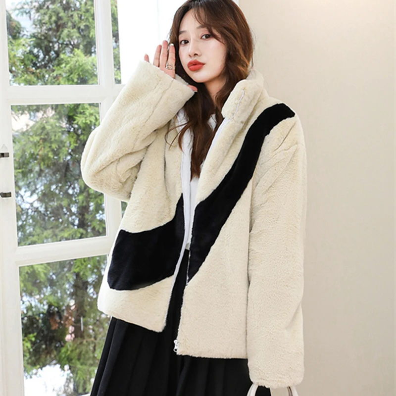 Big hook fur imitation mink stand collar large size casual jacket winter lamb velvet jacket mid-length jacket Office Ladyzipper