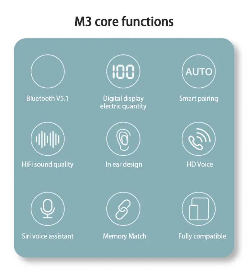 TWS-стереонаушники M3 с поддержкой Bluetooth 5 1 и зарядным футляром на 280 мА · ч |