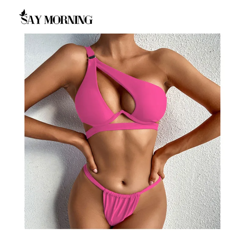 

SAY MORNING Asymmetric One Shoulder V-bar Underwired Bikini Swimsuit Female Swimwear Women Two-pieces Bikini set Bather Bathing