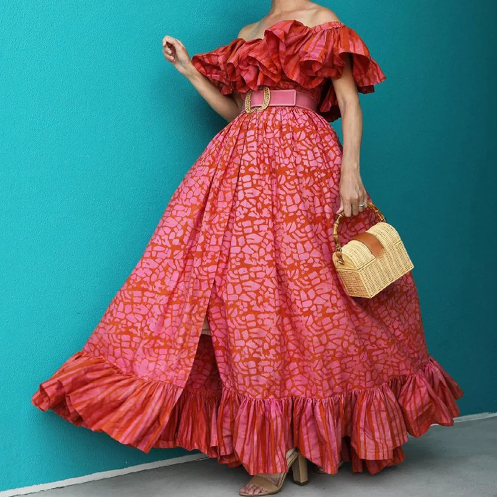 

Color Block Elegant Dinner Party Dress Women Sexy Off Shoulder Ruffles Patchwork Expansion Ball Gown Summer Y2K Maxi Long Robe