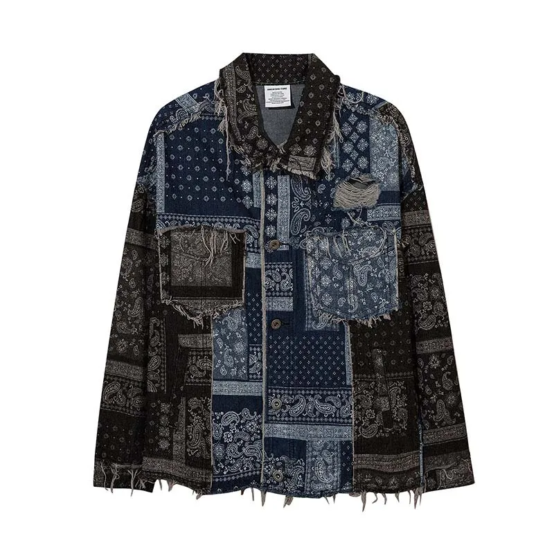 

Осенние винтажные джинсовые куртки Banadana с пейсли узором, Мужская Уличная одежда в стиле хип-хоп, Лоскутная Верхняя одежда, пальто, уличная о...