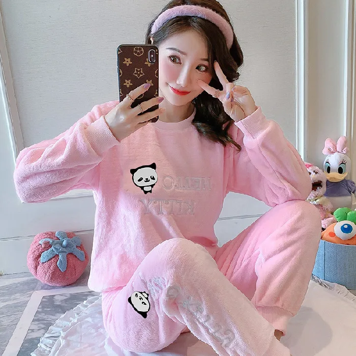 

Women's Pajamas Winter New Women Pajama Flannel Double Long Round Neck Suit Satin Sleep Home Service Sleepwear Woman