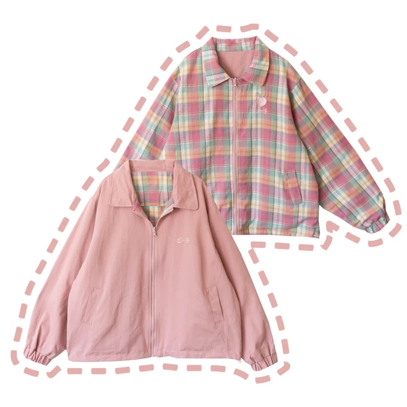 Осень 2019 милая Женская 2 сторонняя куртка розовая персиковая японская вышивка