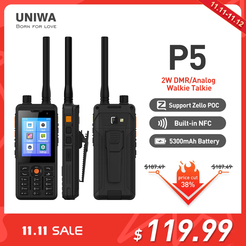 

UNIWA P5 Zello Walkie Talkie Android Smartphone 2G/3G/4G Cellphones Android 9.0 UHF 400-480mhz 1GB+8GB ROM Phone DMR Optinal