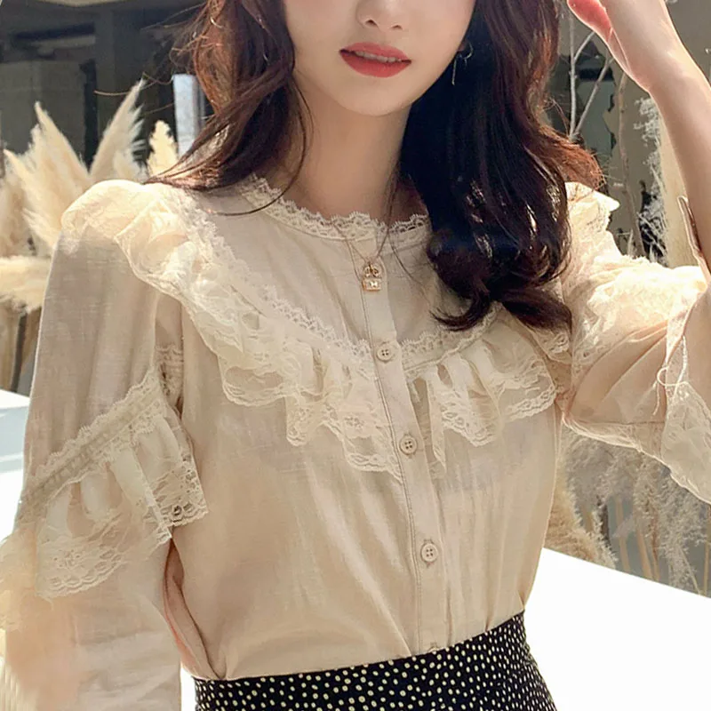

Womens Tops and Blouses 2021 Cotton Linen Blouse Button Solid Stand Collar Ladies Lace Tops Women Shirts Blusas Feminine 8049 50