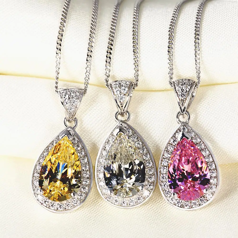 

Classical water drop pink citrine crystal diamonds gemstones pendant necklaces for women white gold silver choker party jewelry
