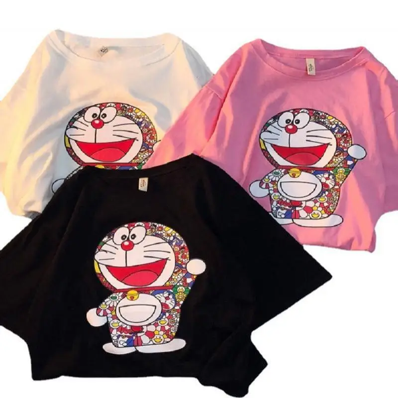 

Hot Summer Doraemon Short-sleeved T-shirt Female Cartoon Solid Color Pure Cotton Loose Oversized T-shirt Half-sleeved Top S-3XL