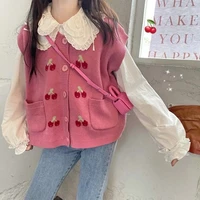 cute cherry gilet femme womens sweater vest pink retro autumn vintage loose top embroidery sleeveless knitted sweaters 2022 new
