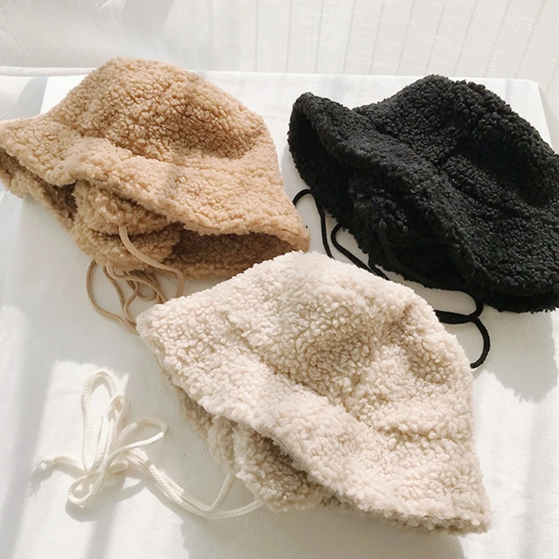

KLV Women Autumn Faux Wool Solid Color Bucket Hat with Earflap Chin Strap Thick Fuzzy Plush Thermal Fisherman Cap Ear Warmer
