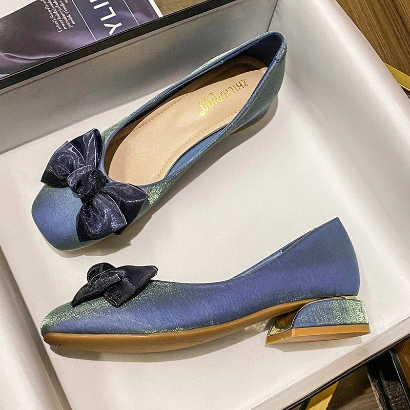 Elegant Hot Silk Butterfly-knot Mary Janes Woman Flats Thick Heels Loafers Square Toe Satin Grandma Shoes Women Plus Size 40-43