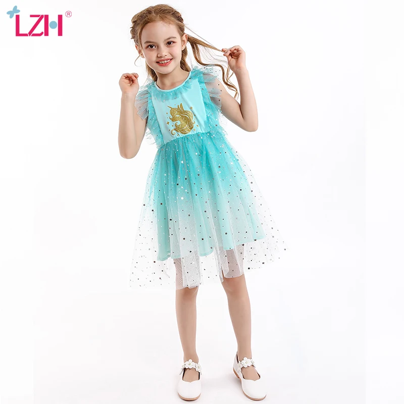 

LZH Short Sleeve Summer Dresses 2021 Clothing For Girls New Children's Dresses Spliced Net Yarn Kids Clothes Girls Prom Dress
