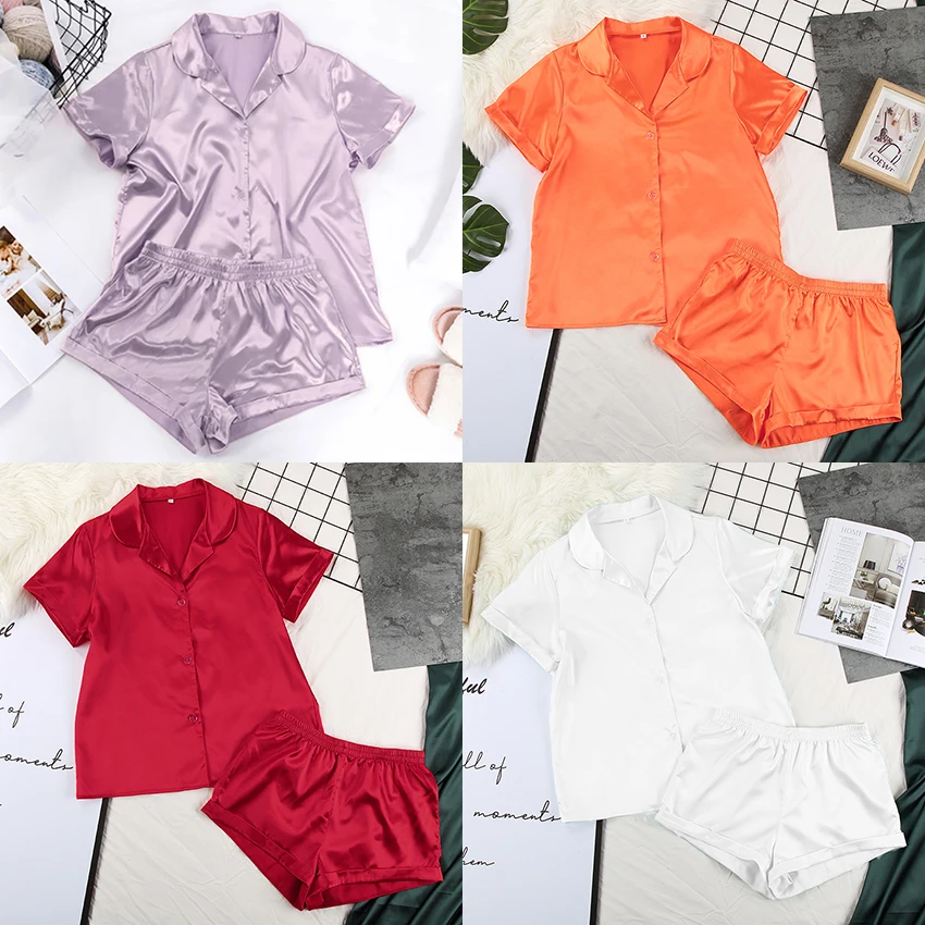 

Women Sleepwear Summer Pajama Set Pink Turn Down Collar Faux Silk Satin Blue Short Sleeve Casual Female Pijama Home Wear Shorts