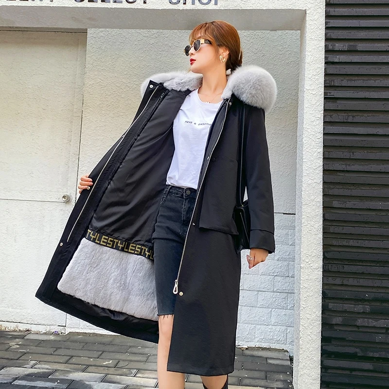 Fur Coat Women Winter Jacket Real Fur Parkas 2020 New Rabbit Fur Liner Detachable Long Over-the-knee Coat Thick Warm Streetwear