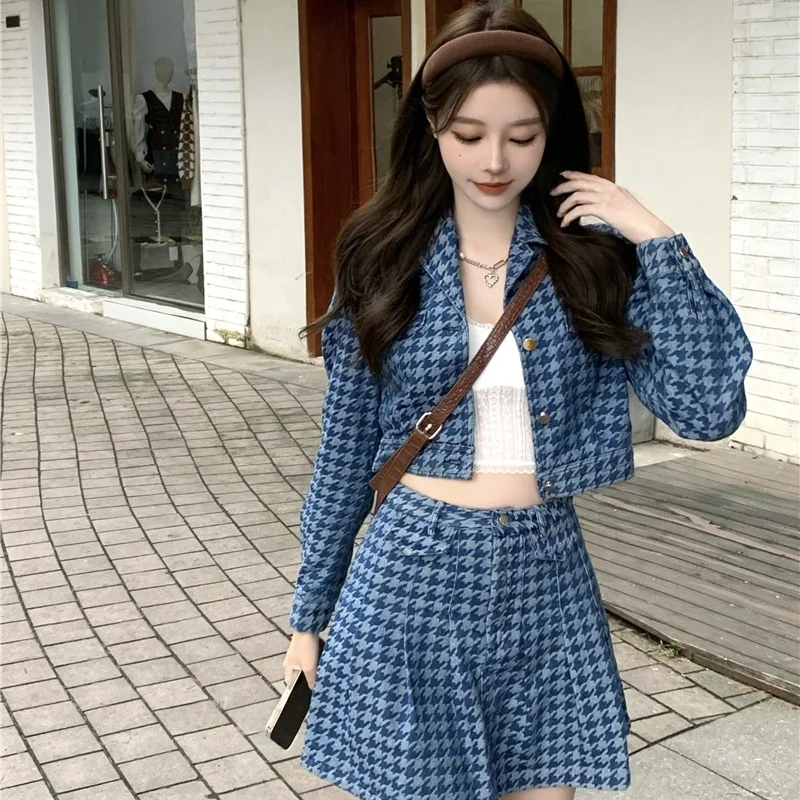 

Harajuku Hot Girl Suit Single-breasted Short Coat High Waist Pleated Mini Skirt Vintage Plaid Denim Two-piece Suit For Female