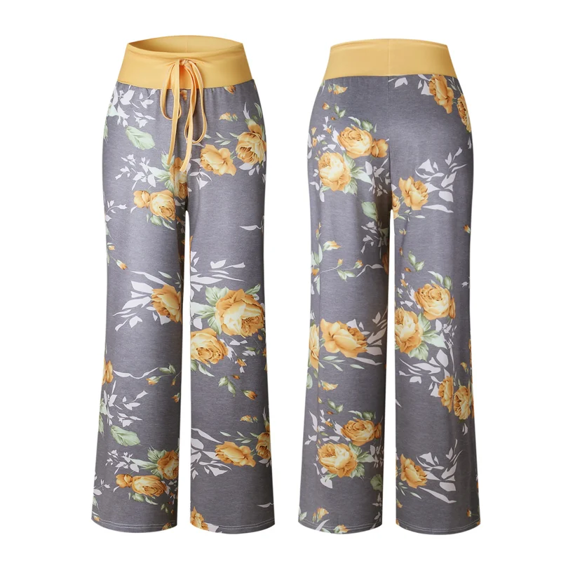 Женские летние длинные штаны для йоги домашние свободные брюки с цветочным