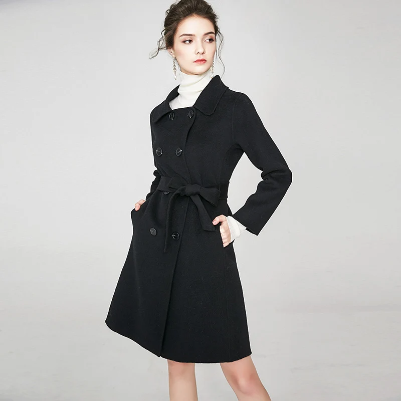 Женское подиумное пальто отложной воротник длинный рукав пояс двойной кашемир