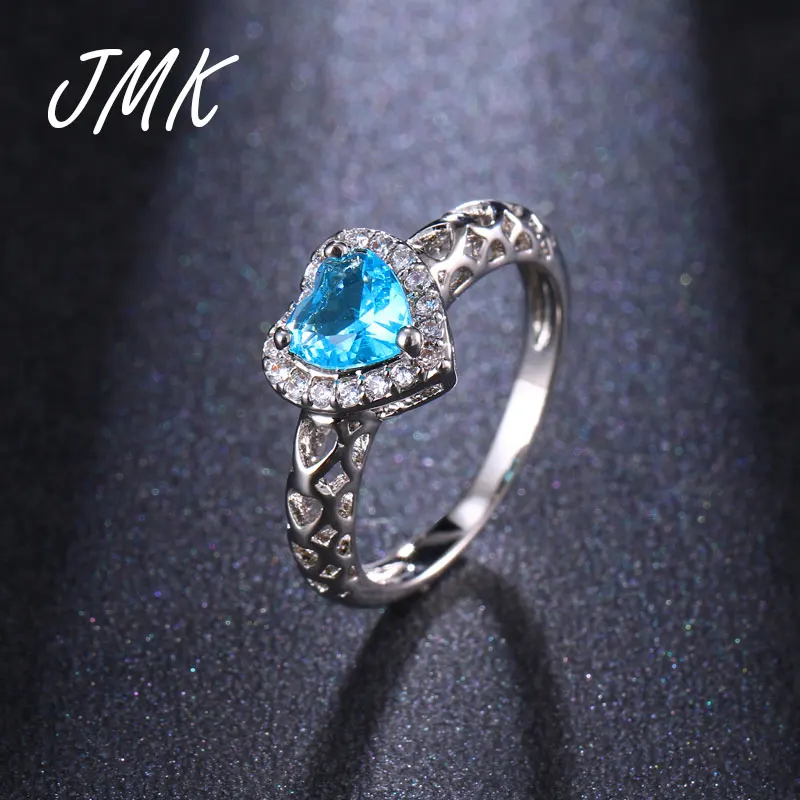 

JMK Romantic Ocean Heart Ring Silver Blue Stone Zircon Crystal Delicated Charming Jewelry For Women Bridal Lover Party Gift