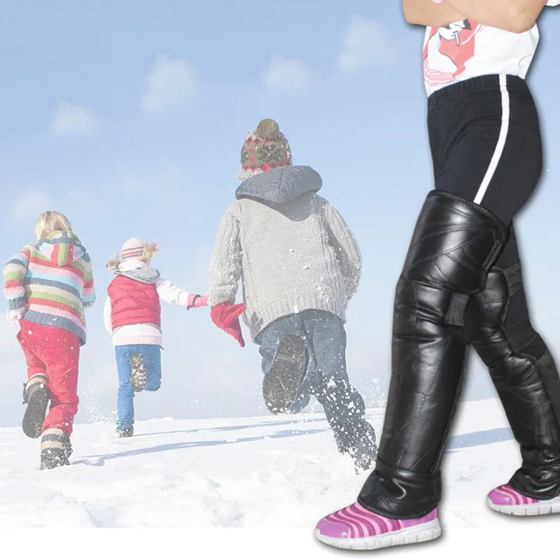 

Newly Riding Leather Long Knee Braces Fleece Lined Windproof Warm Knee Braces for Cycling Skiing