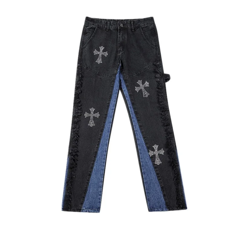 

Fashion Cross Patchwork Jeans for Men Hip Hop Cargo Pants Men Women Casual Wide Leg Pants Straight Trousers Boyfriend Jeans