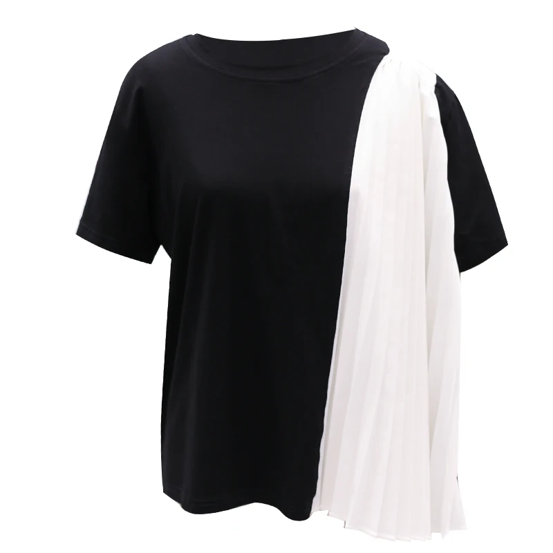 

XUXI Short Sleeve Splice Korean Shirt Ladies Cotton Sexy Vintage Loose Personality Chiffon Blouse 2020 Women Girl Summer FZ1906