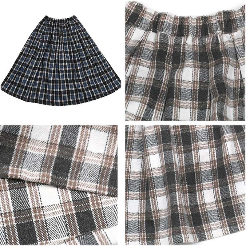 

2021 Casual Loose Retro Women Plaid Woolen Skirt Spring Autumn New Arrivals Mid-Calf Length Thick Elastic Waist