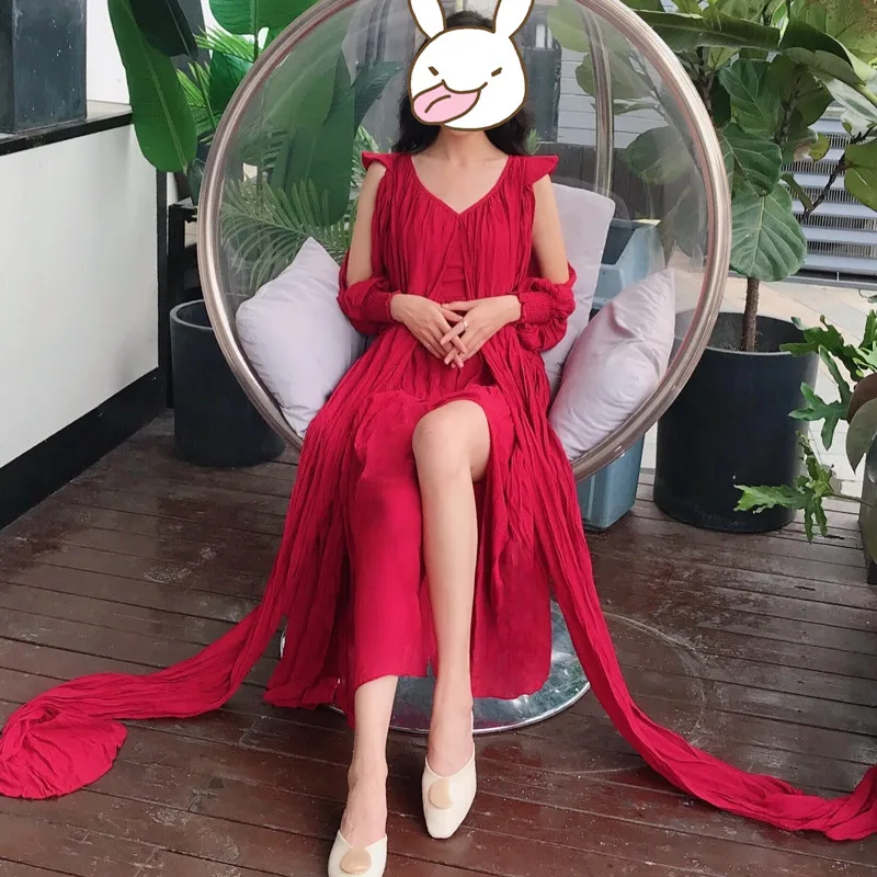 Женское льняное платье макси HANZANGL красное винтажное с v образным вырезом без