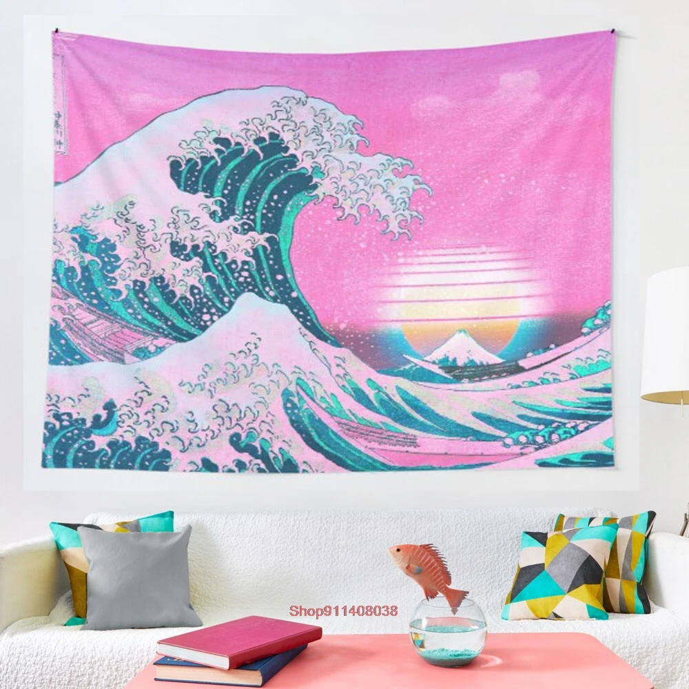 Эстетика Vaporwave Великолепная волна от Kanagawa Ретро Закат гобелен искусство