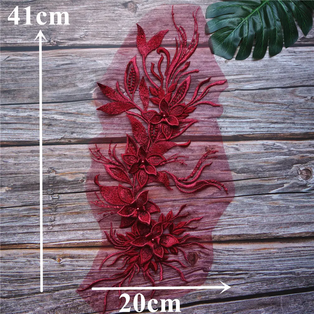 Винно красная 3D Цветочная кружевная ткань для платьев оторочка с аппликацией