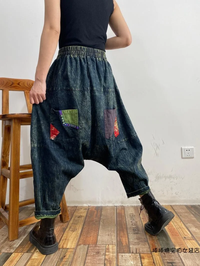 

LYUZHE Vintage Summer Women Denim Cross-pants 2021 Patchwork Ankle-Length Pants panelled Spliced Female Pants Blue QDY190