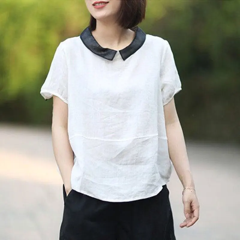 

2021 Summer Women Shirt Plus Size Loose Casual Short Sleeve Peter Pan Collar Patchwork Linen Tops Vintage Female Big T-shirt