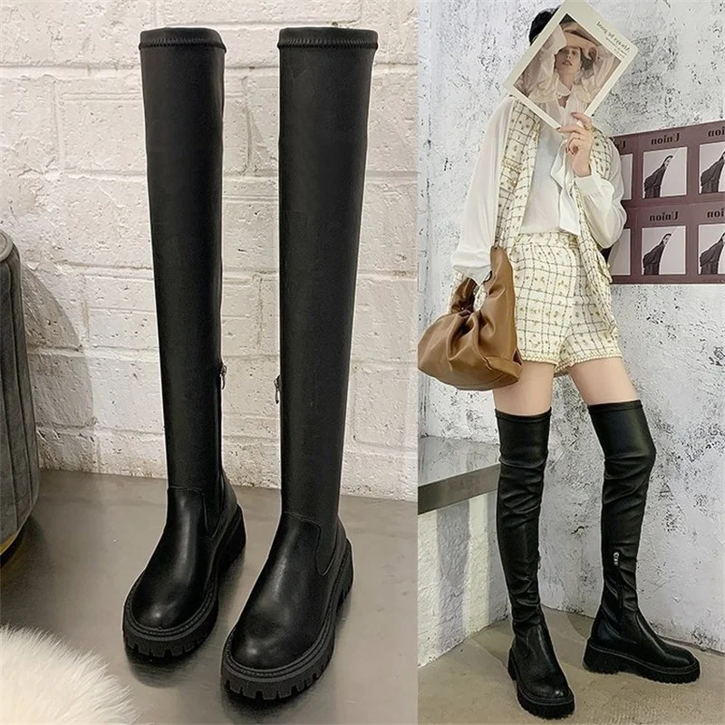 

2021 new fashion boots children's Korean thick heel over knee elastic boots women's fashionable plush thin boots