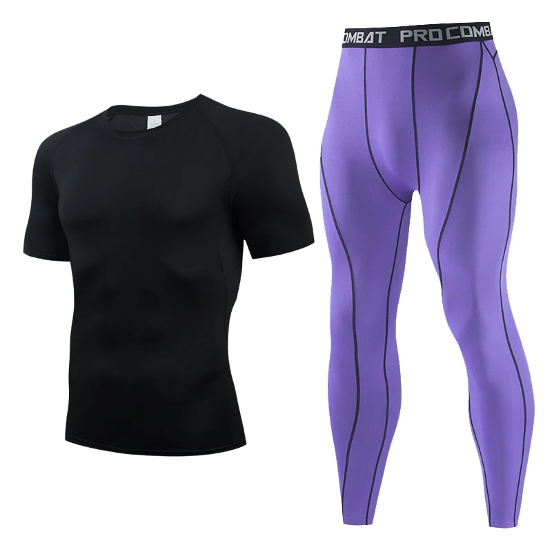 

2021 Men's Gym Clothing Short Running Man Compression tights perspiration Track suit Gym Man T shirt Purple Sport Pants S-XXXL