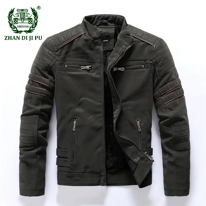 

Faux Leather Jacket Men Winter Fleece Motorcycle PU Leather Jackets Male Windbreaker Multi-pocket Embroidery chaquetas hombre