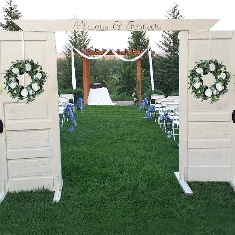 

T8NA 22 Inch Artificial Eucalyptus Wreath Green Leaf Rose Garland for Front Door Wall Window Festival Farmhouse Decoration