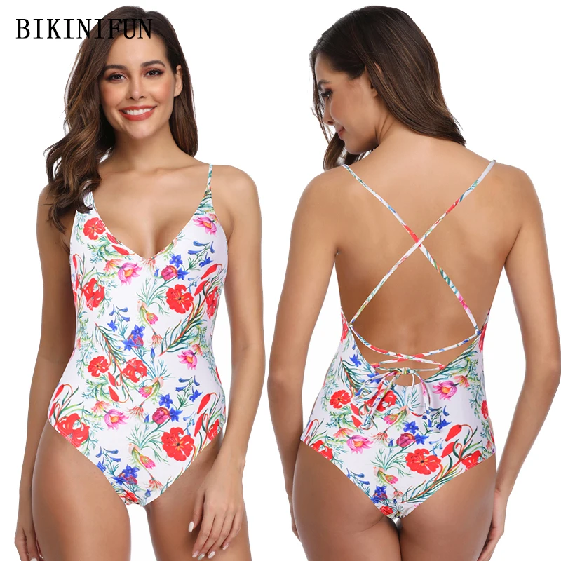 Новый сексуальный красный купальник с цветочным принтом Женский цельный костюм