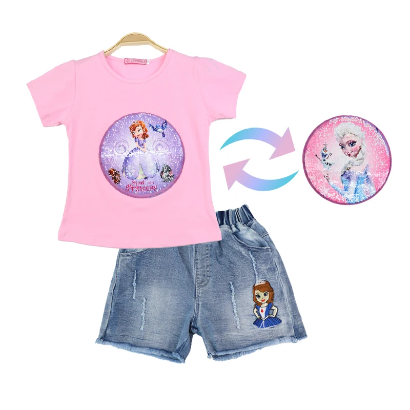 

Disney Girl Sets Frozen Summer Jeans + T-shirt Sequins Change Graphic Sequins Elsa Sofia Princess Cotton Children's Two Pieces