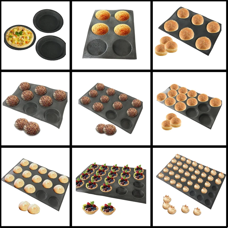 

Glass Fiber Silicone Round Bread Mold Various Hamburger Cookie Mould Non Stick Black Perforated Bun Pan Kitchen Baking Tools