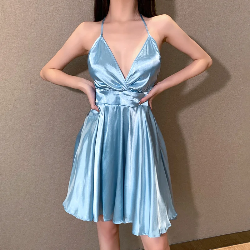 

Kywommnz 2021 Summer Bowknot Satin Sexy Breast Sexy Dress Solid Color Open Back Slim Halter Suspender Skirt E2662