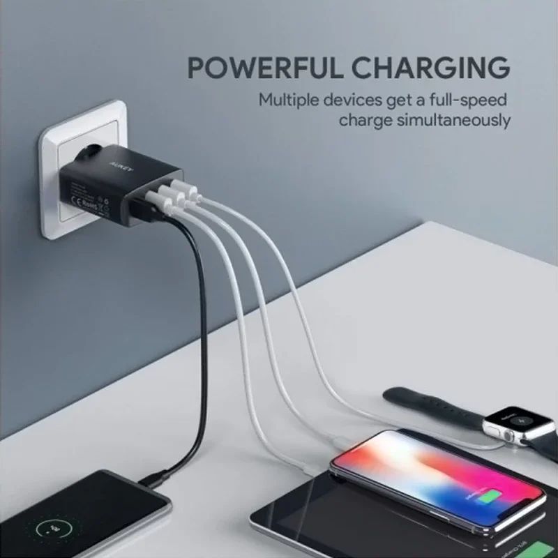Оригинальное Сетевое зарядное устройство Aukey с европейской вилкой 4-портовое для