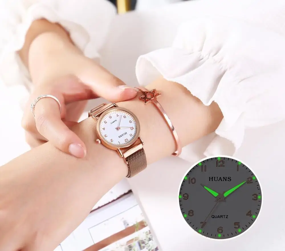 

Часы женские кварцевые с сетчатым браслетом, модные роскошные светящиеся повседневные наручные, с магнитной застежкой, с золотым ремешком