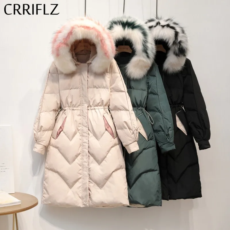 CRRIFLZ новинка женские зимние куртки длинные натуральный мех теплый пуховик 90%