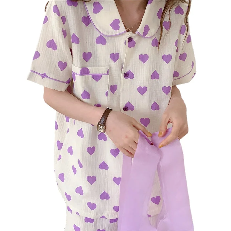 Pajamas Women's 2021 Summer New Korean Cotton Nightgown Gauze Short Sleeve Cardigan 2Pcs Home Clothes Female Sleepwear Nightwear