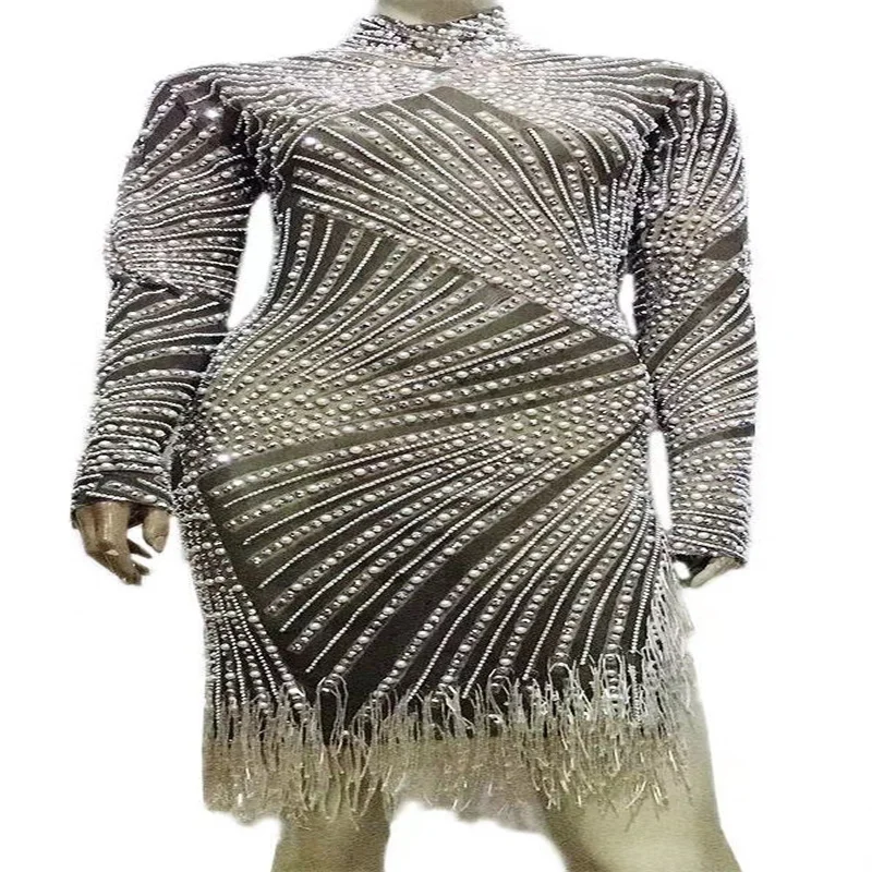 

H207 Evening Dress Tassels Party Nightclub Long Sleeves Singer Elastic Stretched Catwalk Costume Wear Drilling Chain Diamond Gem