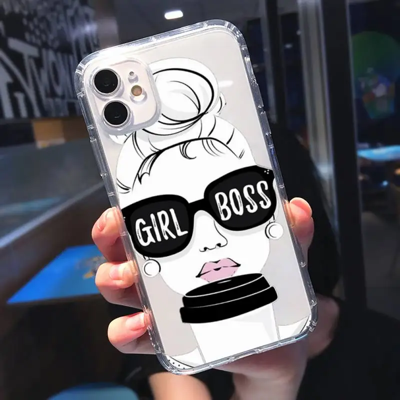 

Girl Boss Pink Women Cartoon Phone Case Transparent for iPhone 11 12 8 7 6 5 s mini pro X XS XR MAX Plus SE soft cover