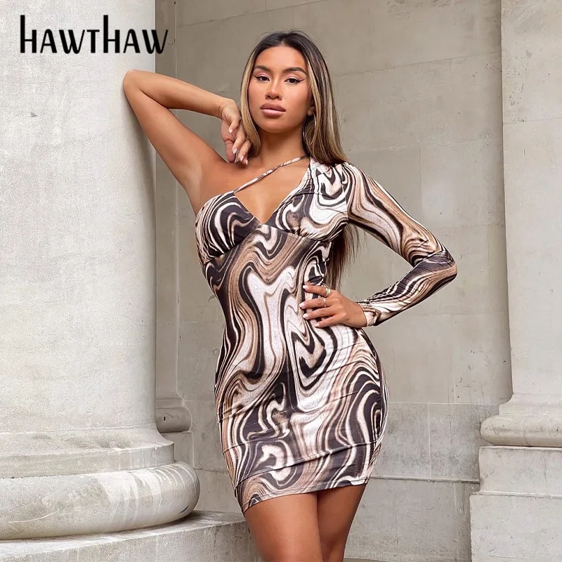 

Hawthaw Women Autumn One Shoulder Long Sleeve Printed Bodycon Mini Dress 2021 Fall Wholesale Clothes Streetwear Dropshipping